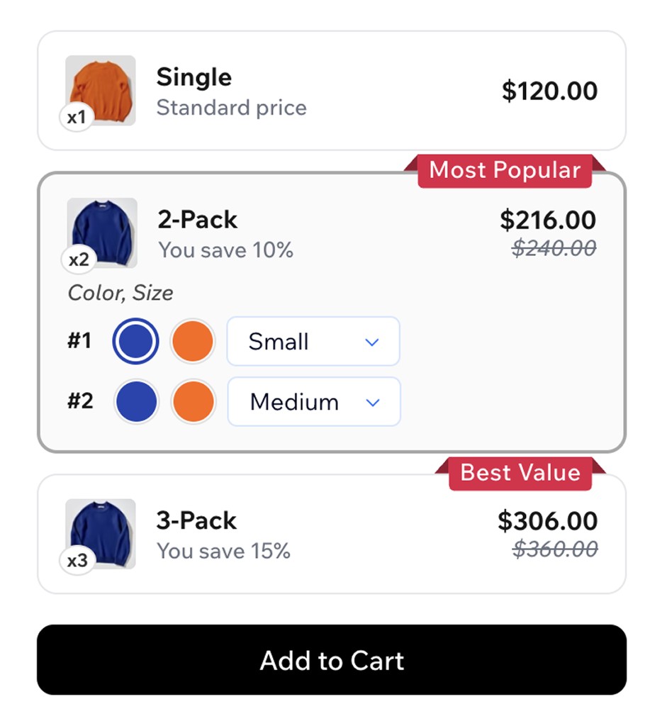 Bundle widget showing volume pricing for crewneck sweatshirts
